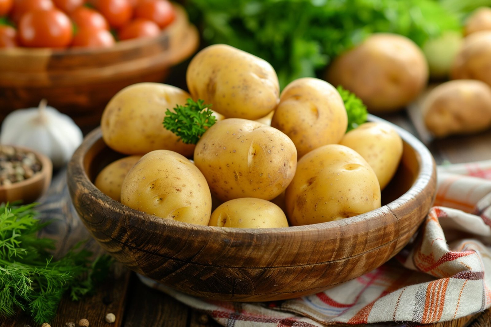 boiled delicious potatoes wooden plate