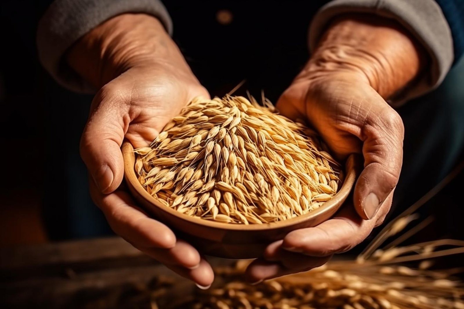 close up senior farmers hands holding examining grains wheat