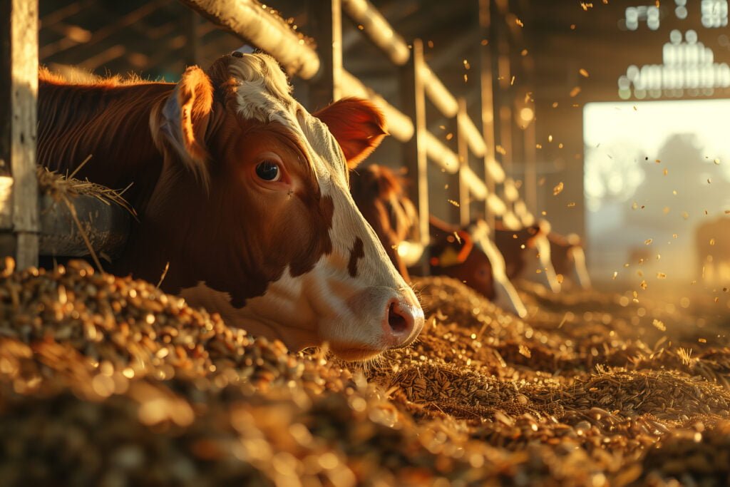 a close up of a cow eating feed at a farm.