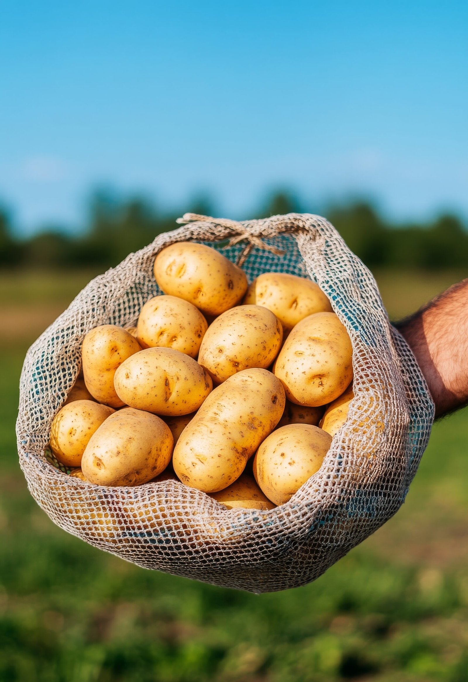 a hand holding a basket of freshly harvested potatoes under a clear blue sky