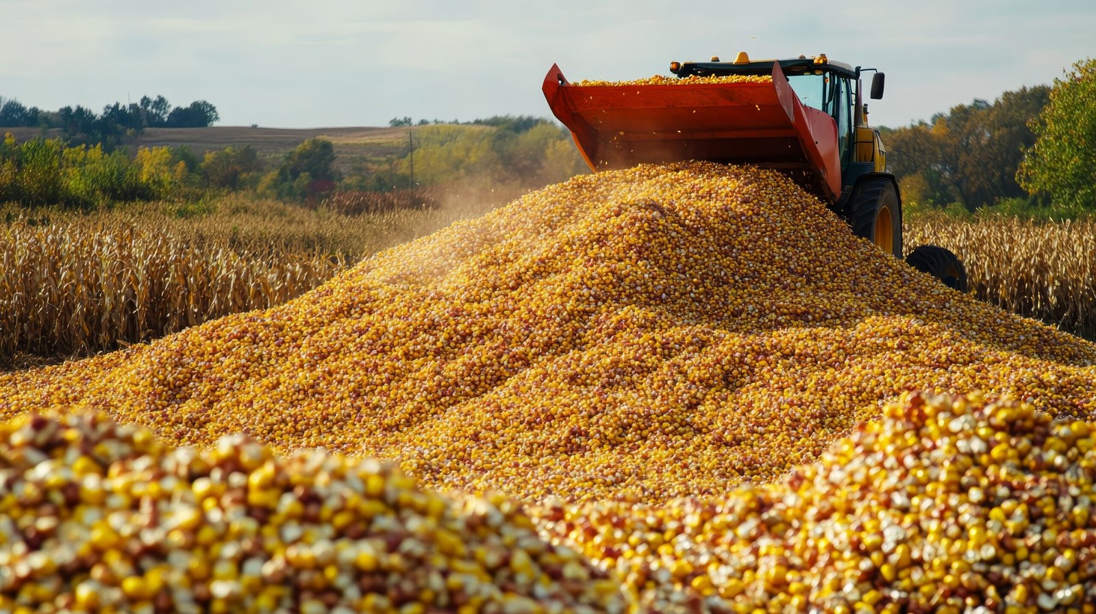 a large pile of corn kernels is being harvested by a tractor, symbolizing abundance, hard work, the cycle of life, and the importance of agriculture. the photo captures the essence of harvest season, a time of celebration and reflection on the bounty of the earth.