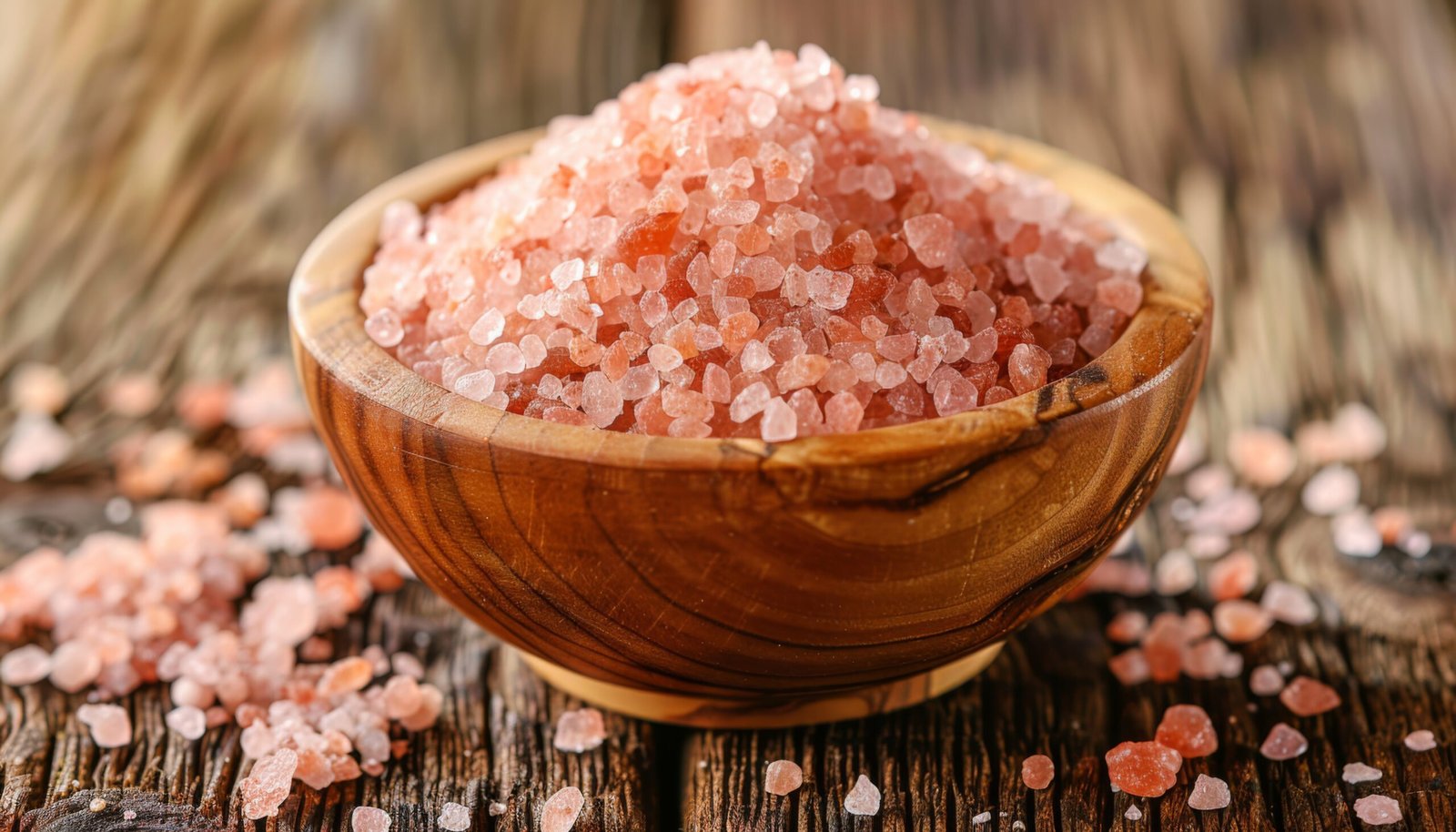 pink himalayan salt in wooden bowl