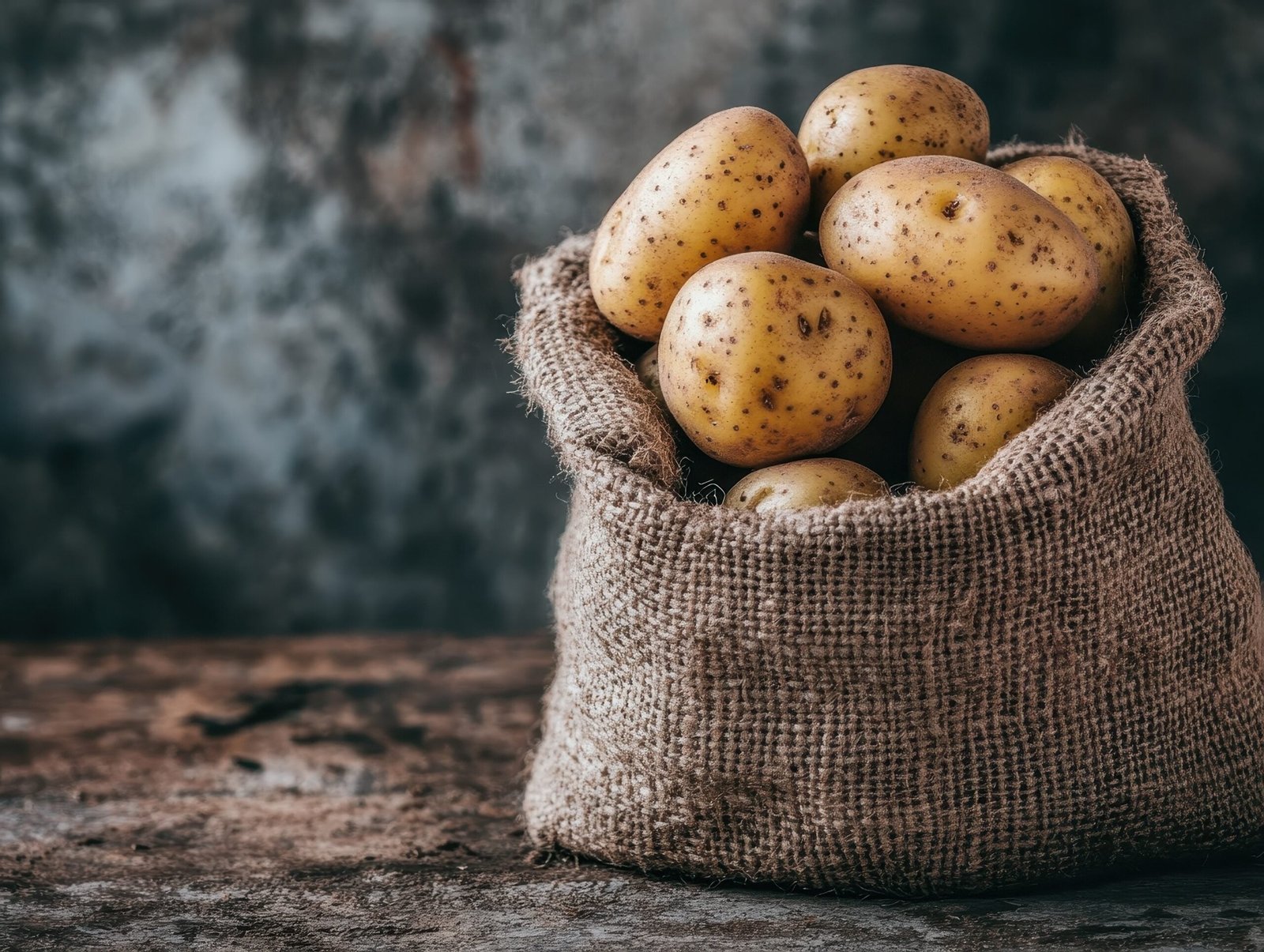 potatoes burlap sack rustic table