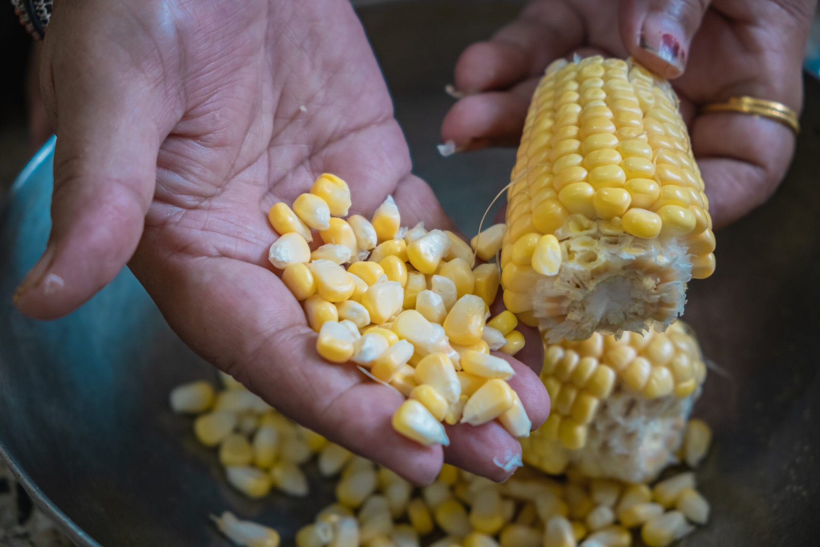 fresh sweet corn grains separating from the corncob .