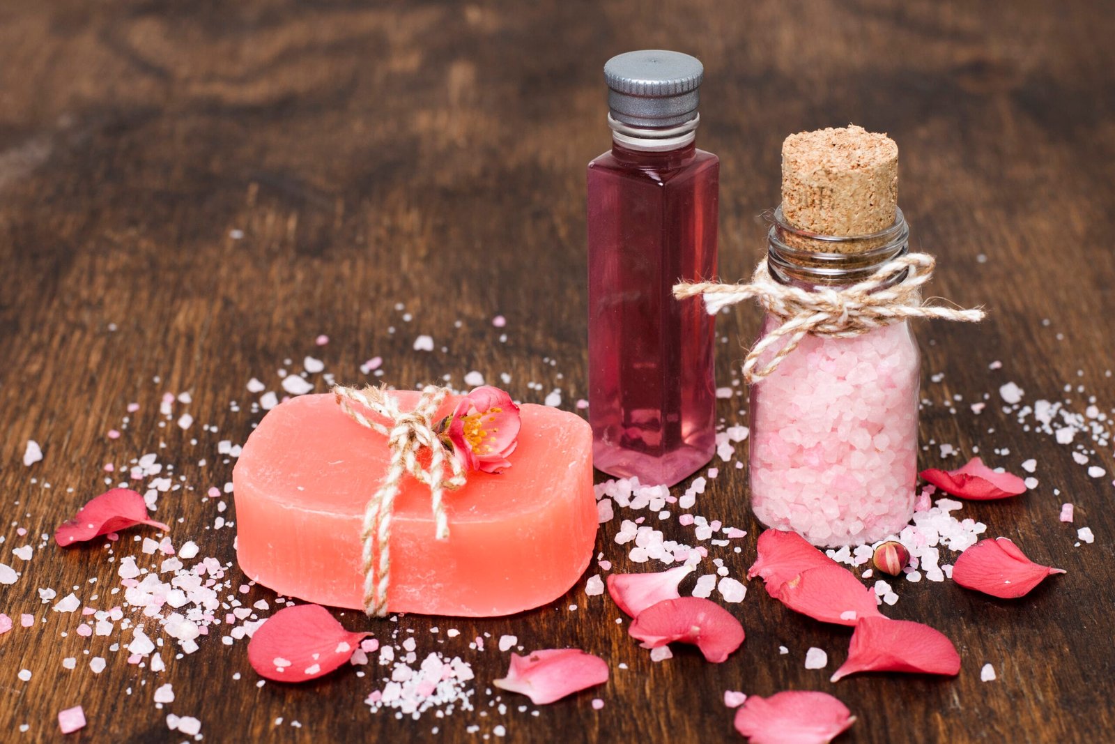 high angle composition with pink soap salt